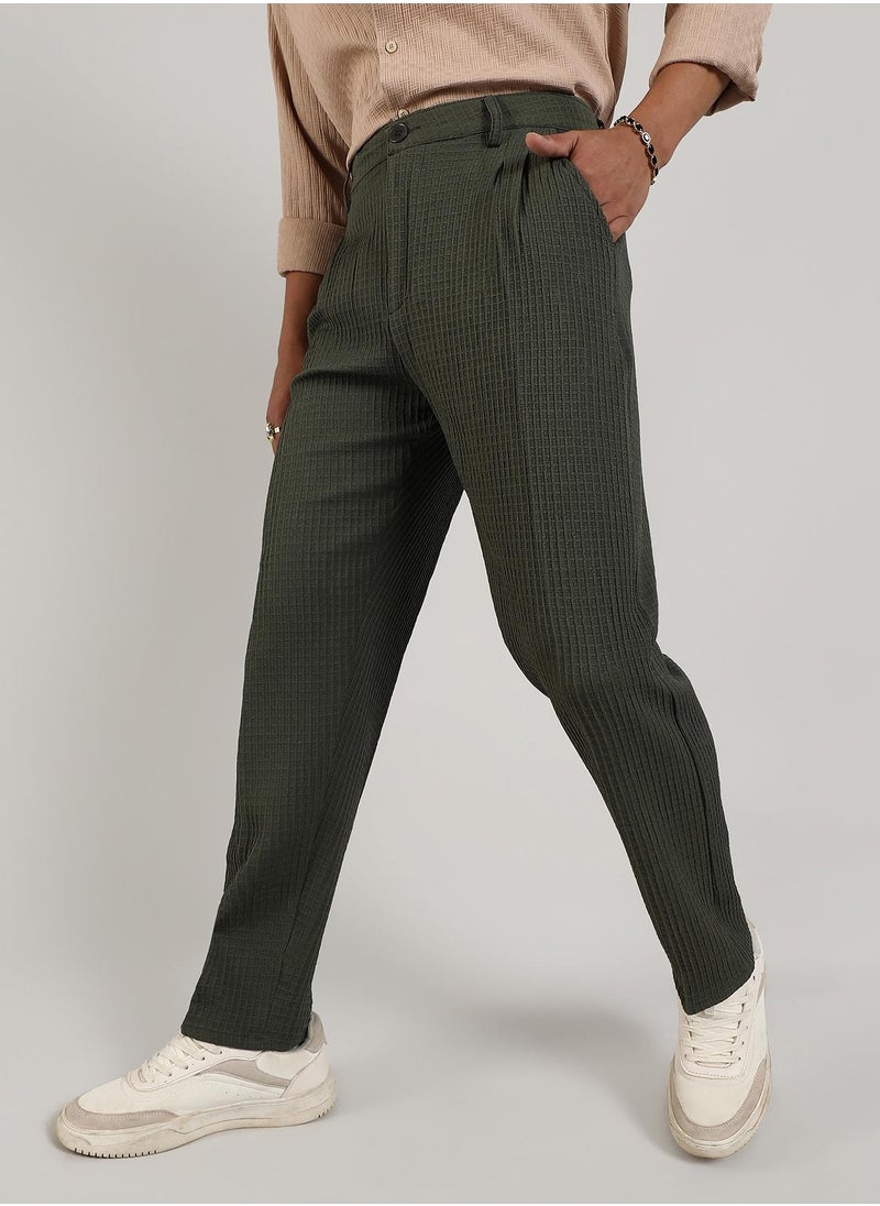 Men's Forest Green Textured Graph Check Trousers