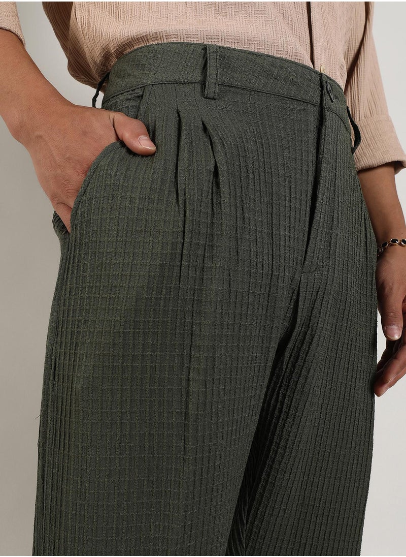 Men's Forest Green Textured Graph Check Trousers