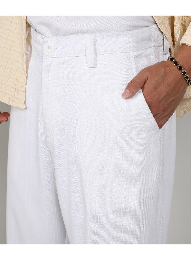 Men's Chalk White Tailored Linen-Blend Trousers