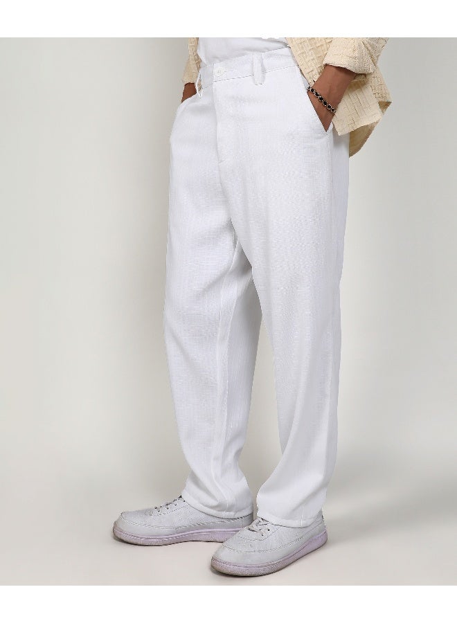 Men's Chalk White Tailored Linen-Blend Trousers