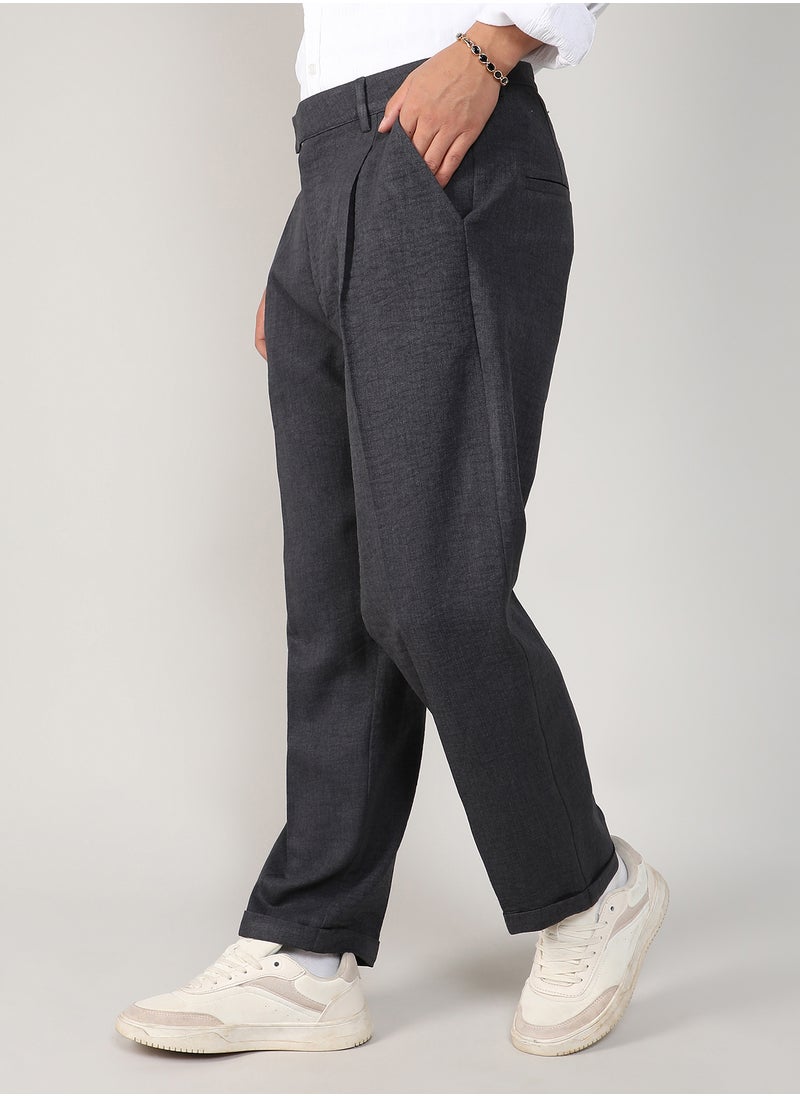 Men's Charcoal Black Tailored Linen-Blend Trousers