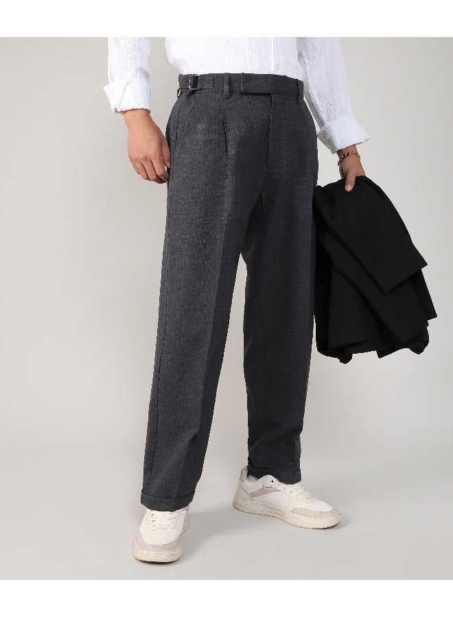 Men's Charcoal Black Tailored Linen-Blend Trousers