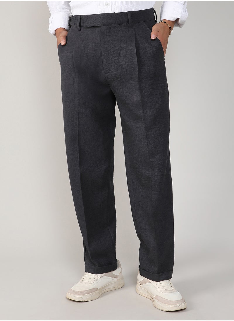 Men's Charcoal Black Tailored Linen-Blend Trousers