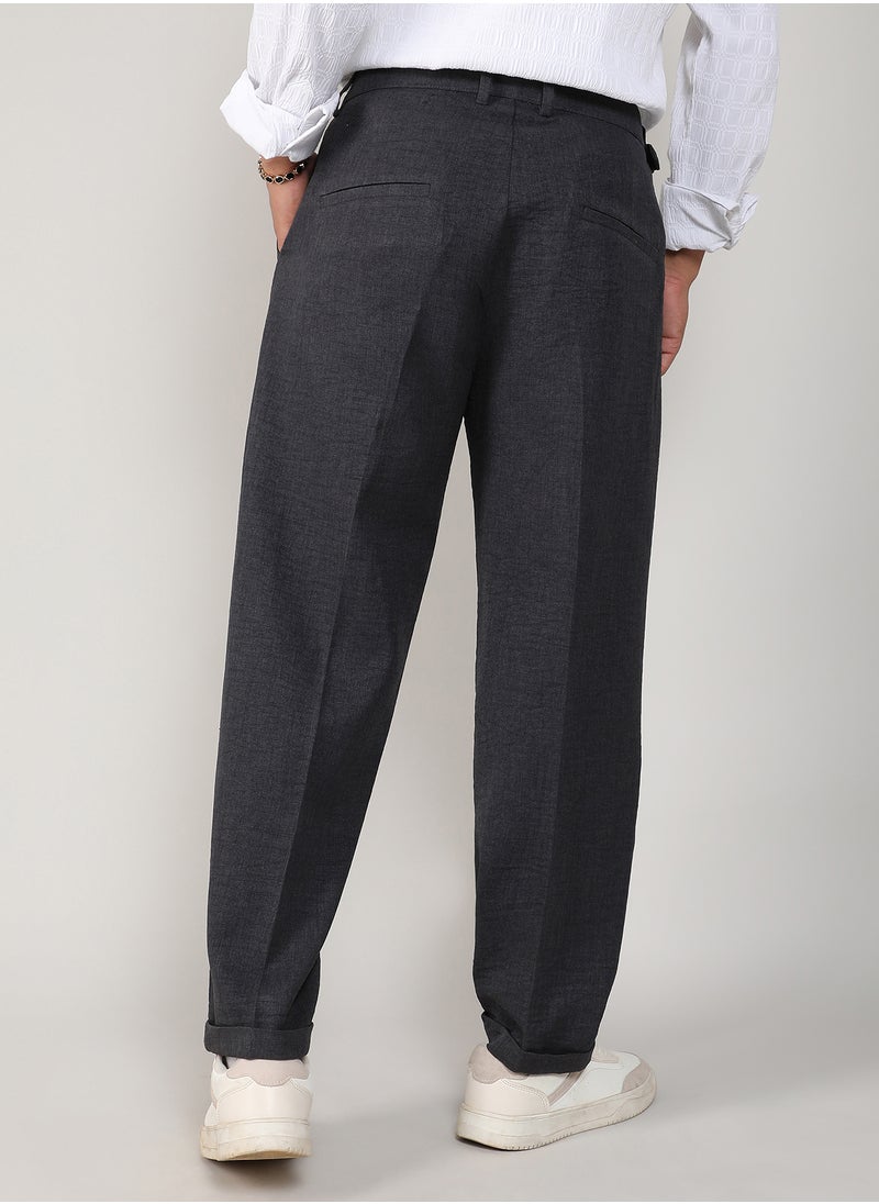 Men's Charcoal Black Tailored Linen-Blend Trousers