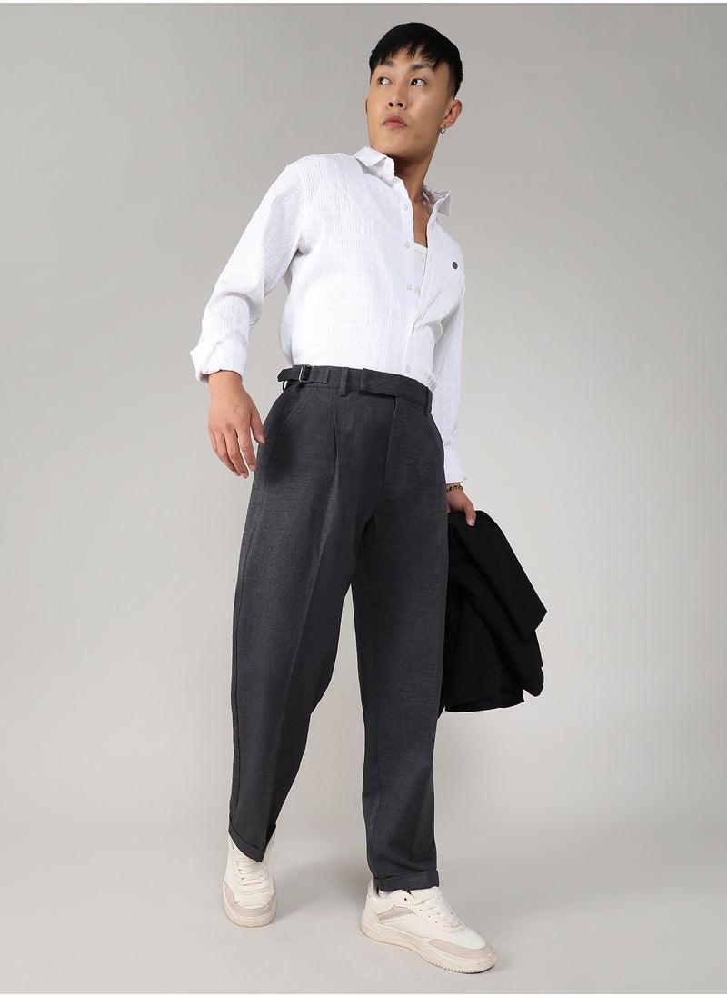 Men's Charcoal Black Tailored Linen-Blend Trousers