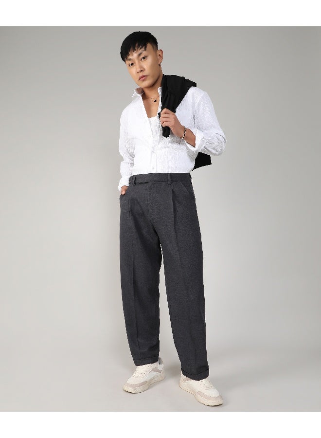 Men's Charcoal Black Tailored Linen-Blend Trousers