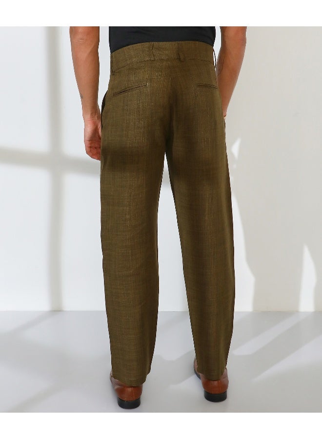 Men's Moss Green Tailored Linen-Blend Trousers