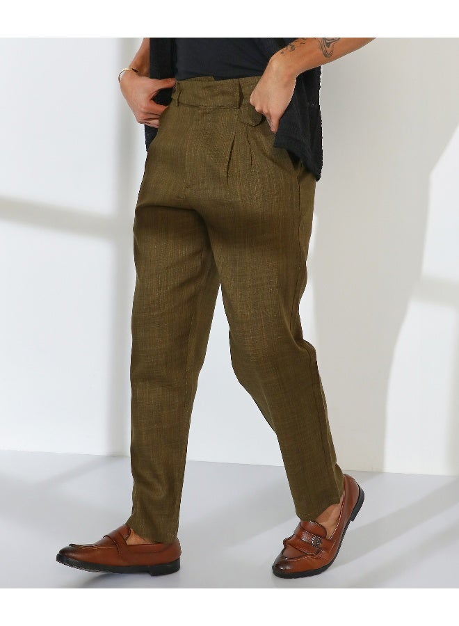 Men's Moss Green Tailored Linen-Blend Trousers