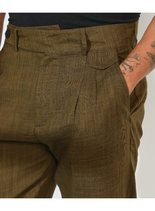 Men's Moss Green Tailored Linen-Blend Trousers