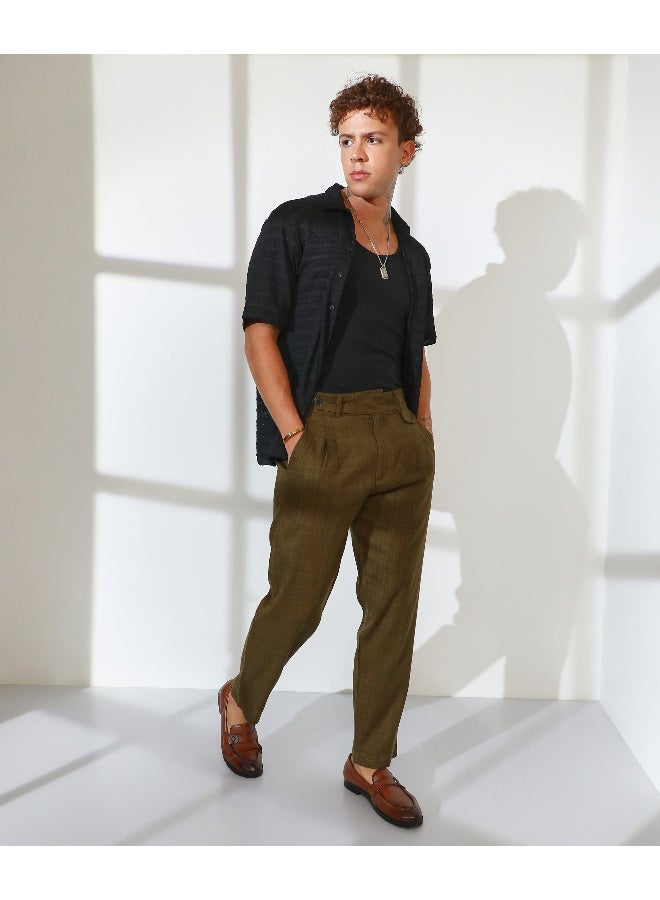 Men's Moss Green Tailored Linen-Blend Trousers