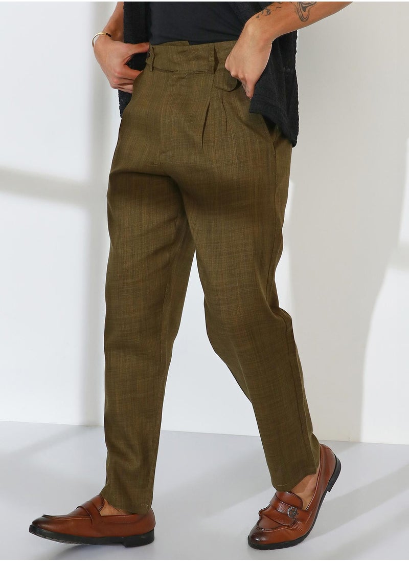 Men's Moss Green Tailored Linen-Blend Trousers