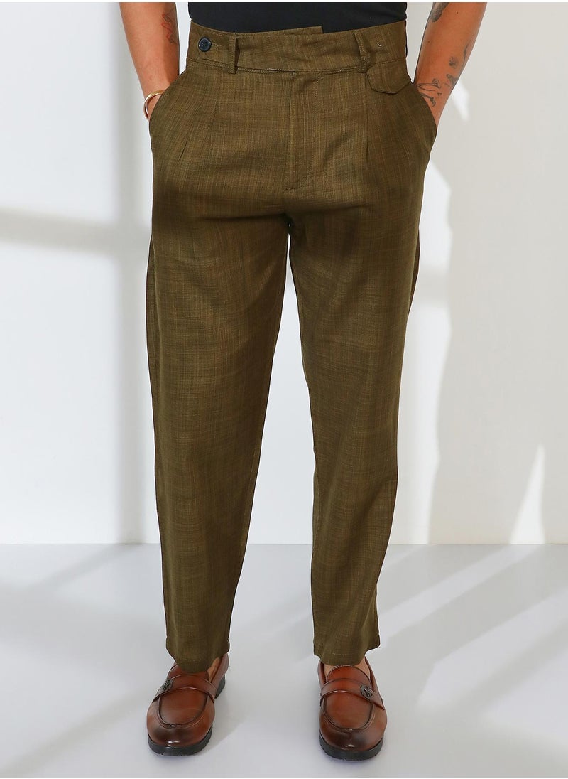 Men's Moss Green Tailored Linen-Blend Trousers