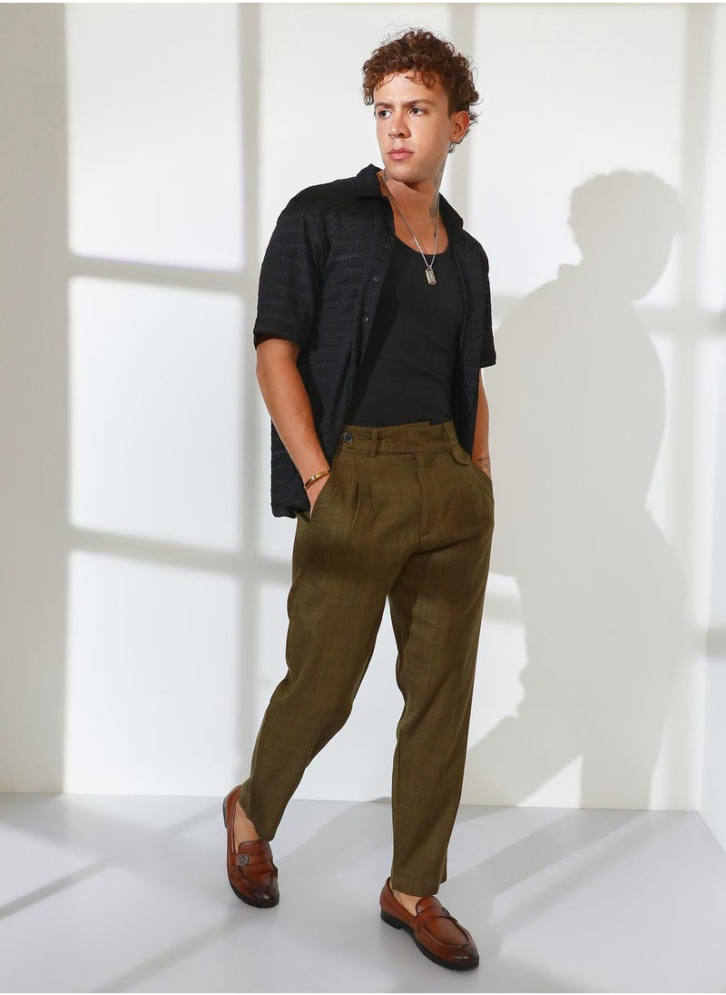 Men's Moss Green Tailored Linen-Blend Trousers