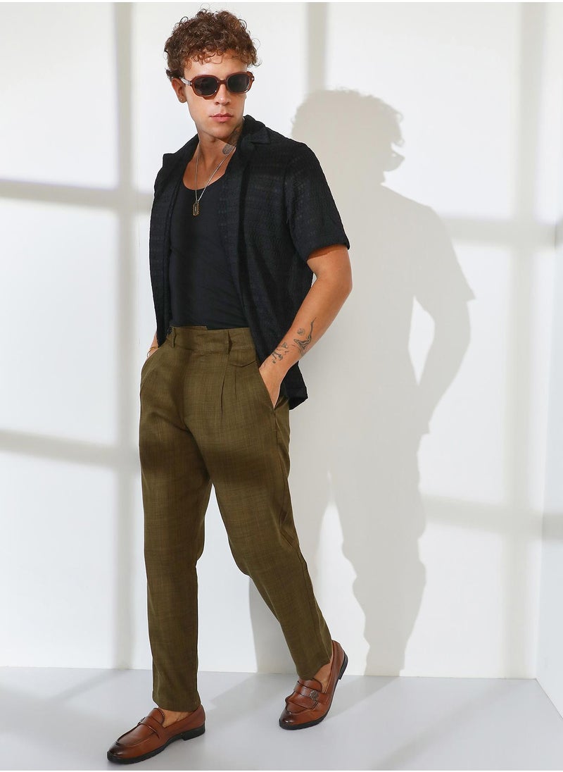 Men's Moss Green Tailored Linen-Blend Trousers