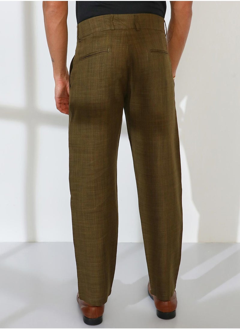 Men's Moss Green Tailored Linen-Blend Trousers