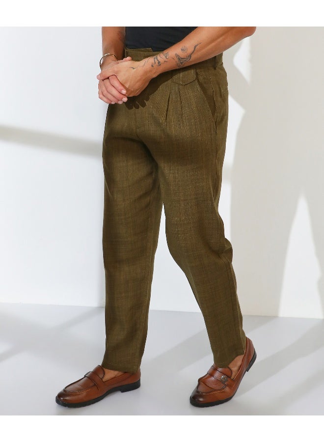 Men's Moss Green Tailored Linen-Blend Trousers