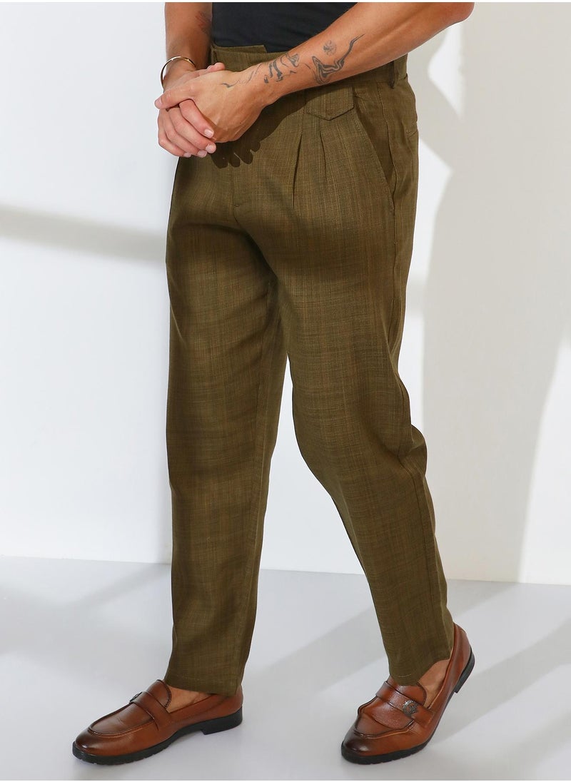 Men's Moss Green Tailored Linen-Blend Trousers