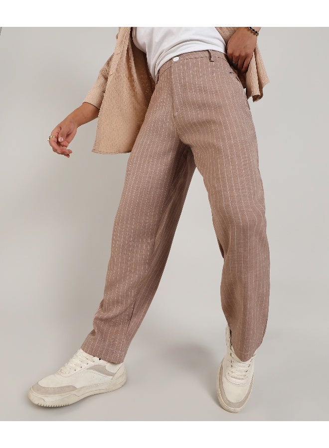 Men's Tan Brown Pinstriped Trousers