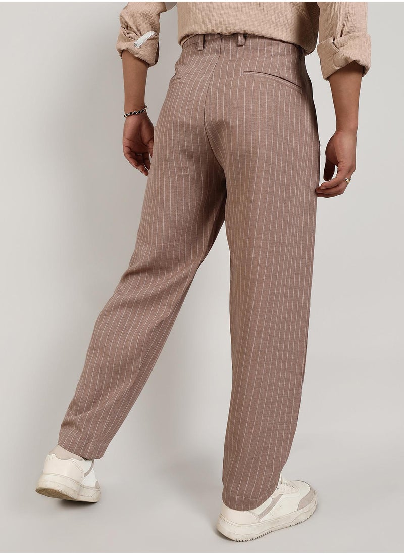 Men's Tan Brown Pinstriped Trousers