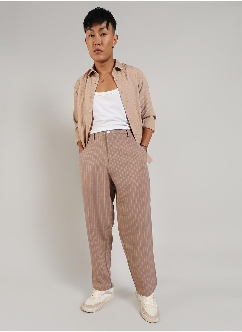 Men's Tan Brown Pinstriped Trousers