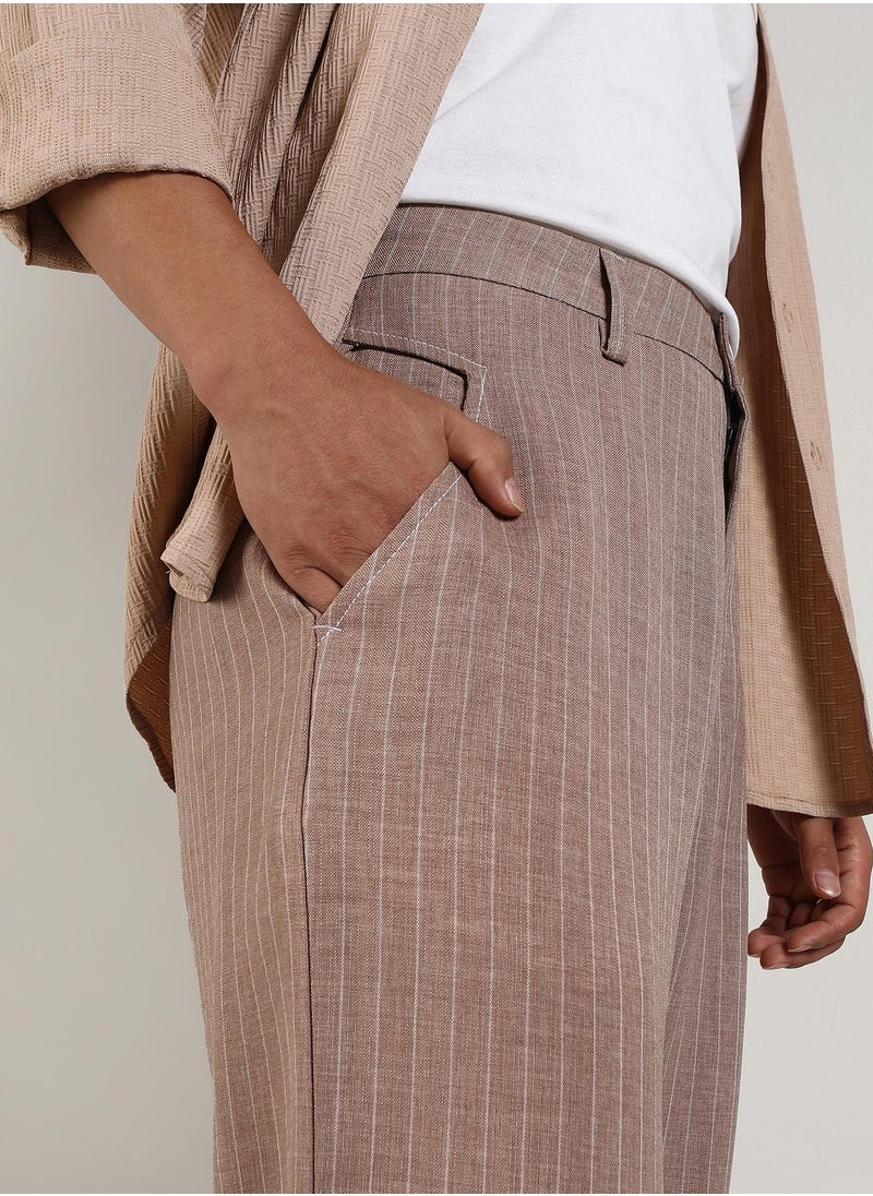 Men's Tan Brown Pinstriped Trousers