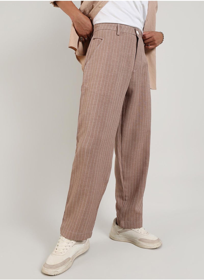 Men's Tan Brown Pinstriped Trousers