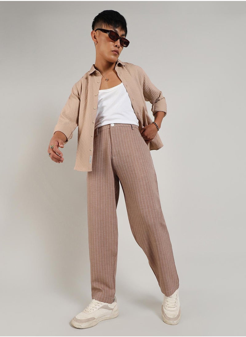 Men's Tan Brown Pinstriped Trousers