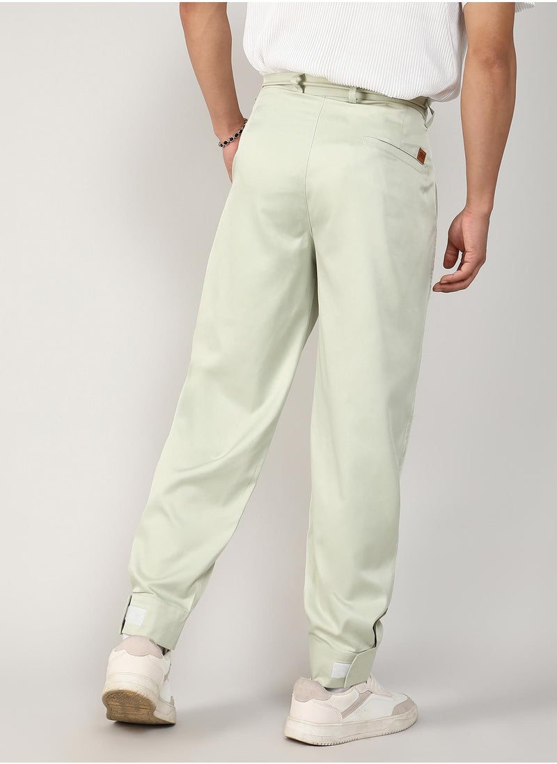 Men's Pale Green Satin Tapered Trousers