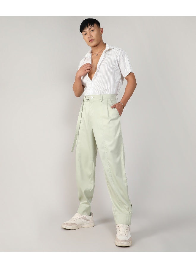 Men's Pale Green Satin Tapered Trousers