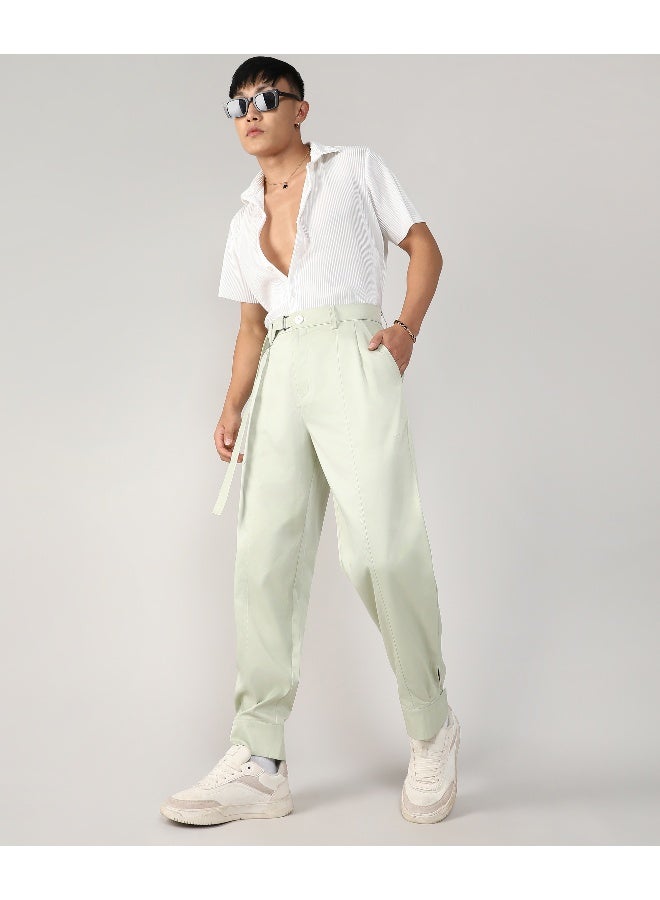 Men's Pale Green Satin Tapered Trousers