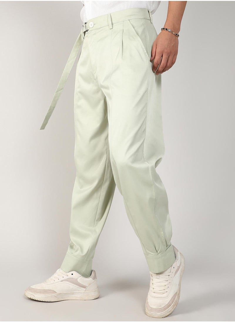 Men's Pale Green Satin Tapered Trousers