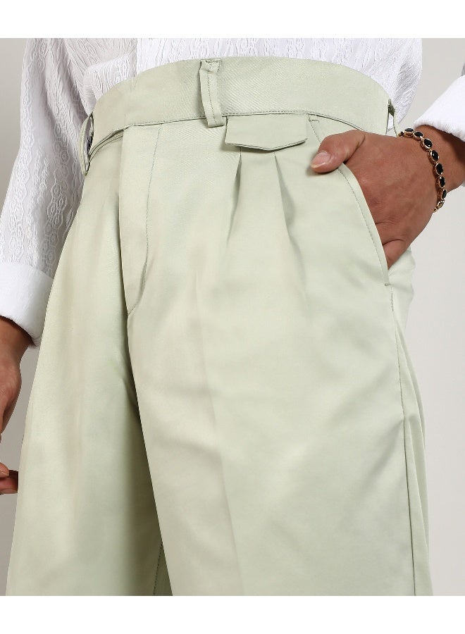 Men's Pale Green Solid Tailored Trousers