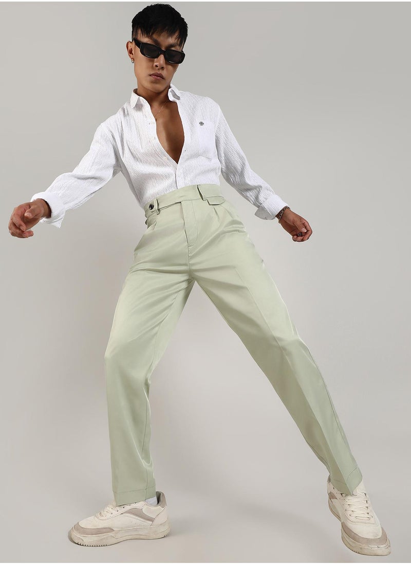 Men's Pale Green Solid Tailored Trousers