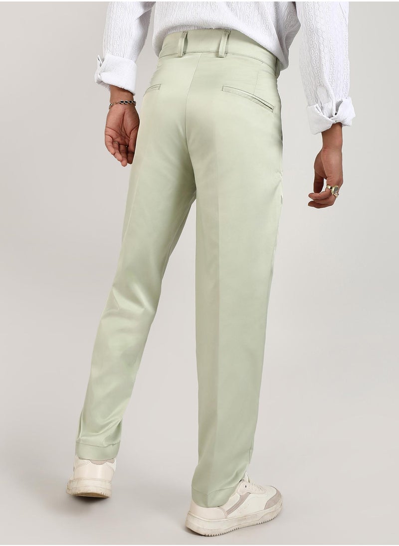 Men's Pale Green Solid Tailored Trousers