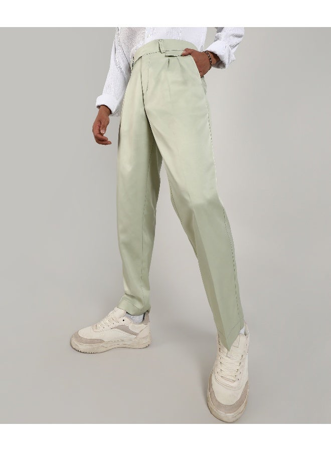 Men's Pale Green Solid Tailored Trousers