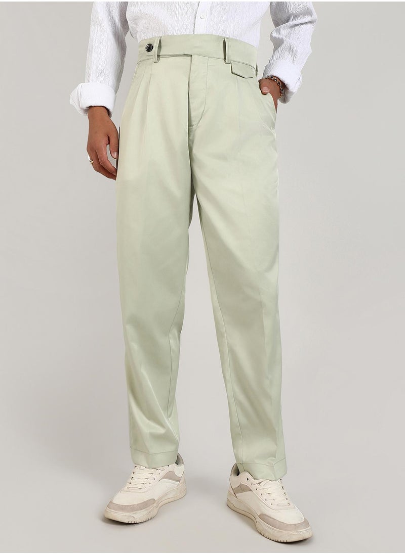 Men's Pale Green Solid Tailored Trousers