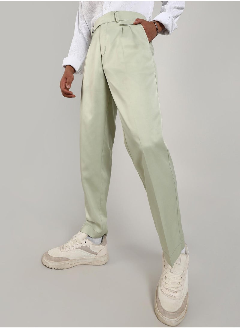 Men's Pale Green Solid Tailored Trousers