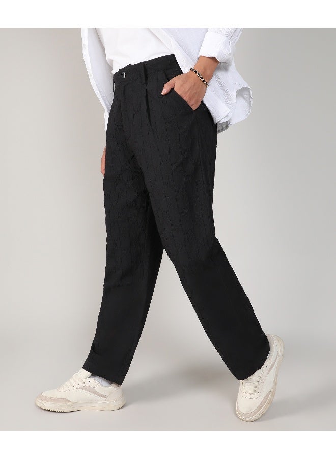 Men's Midnight Black Creased-Check Trousers