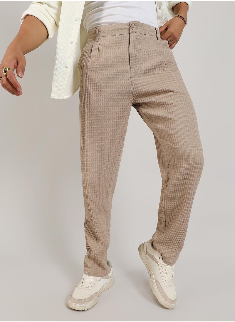 Men's Beige Textured Graph Check Trousers