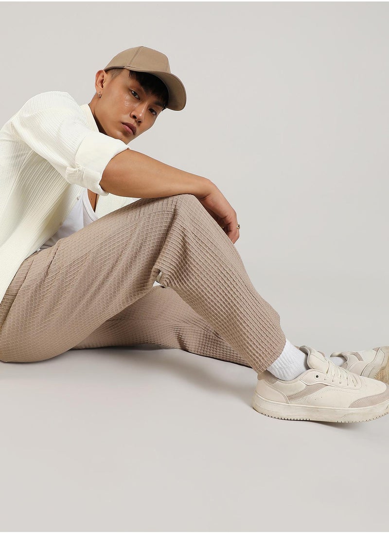 Men's Beige Textured Graph Check Trousers