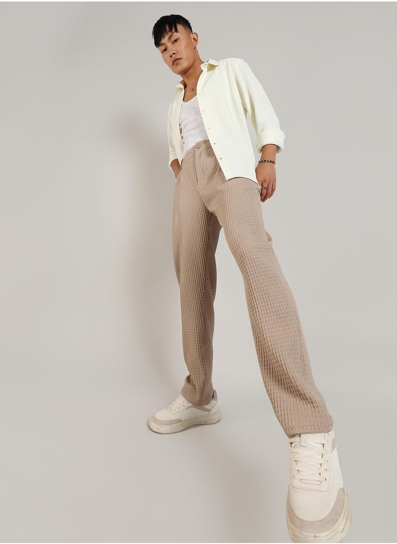 Men's Beige Textured Graph Check Trousers