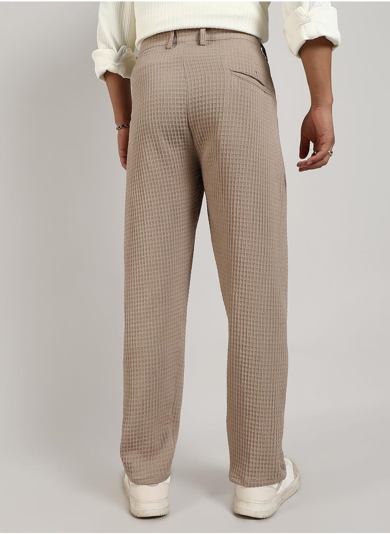 Men's Beige Textured Graph Check Trousers