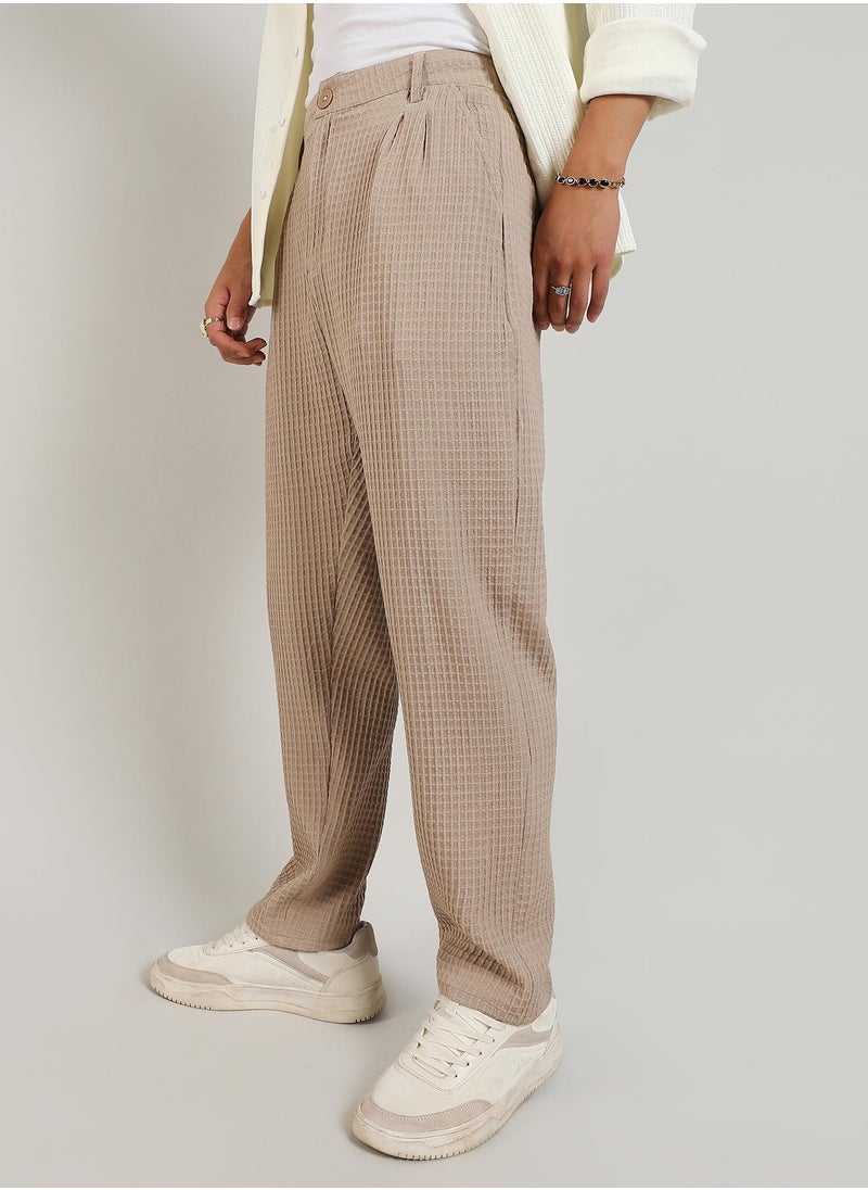 Men's Beige Textured Graph Check Trousers