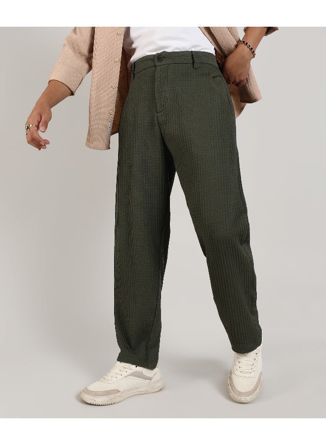 Men's Army Green Textured Graph Check Trousers