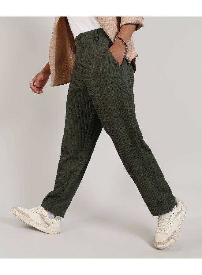 Men's Army Green Textured Graph Check Trousers