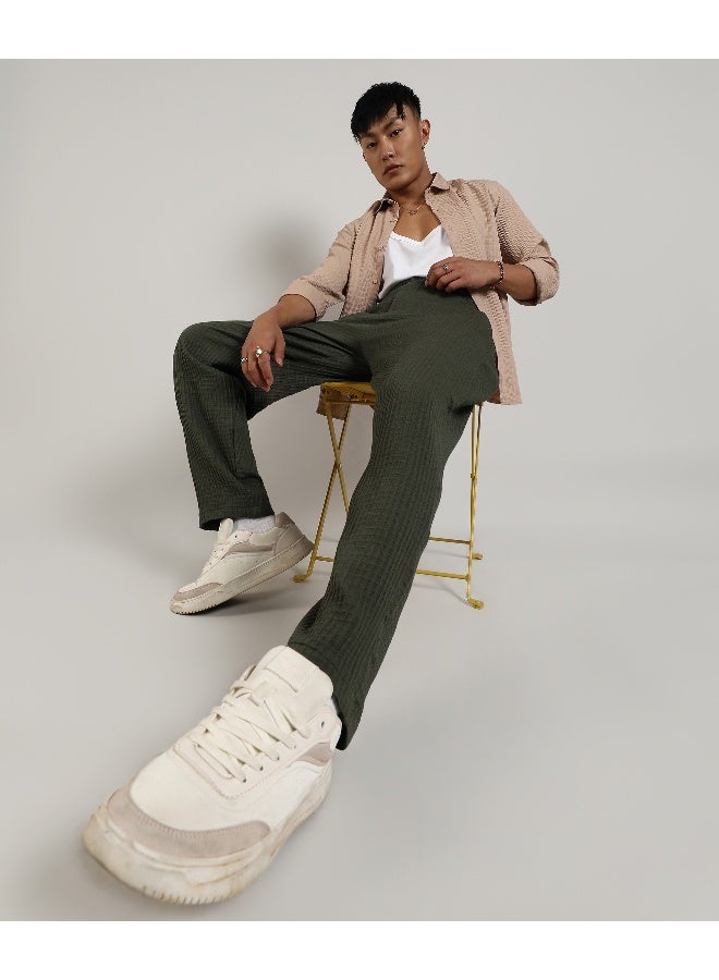 Men's Army Green Textured Graph Check Trousers