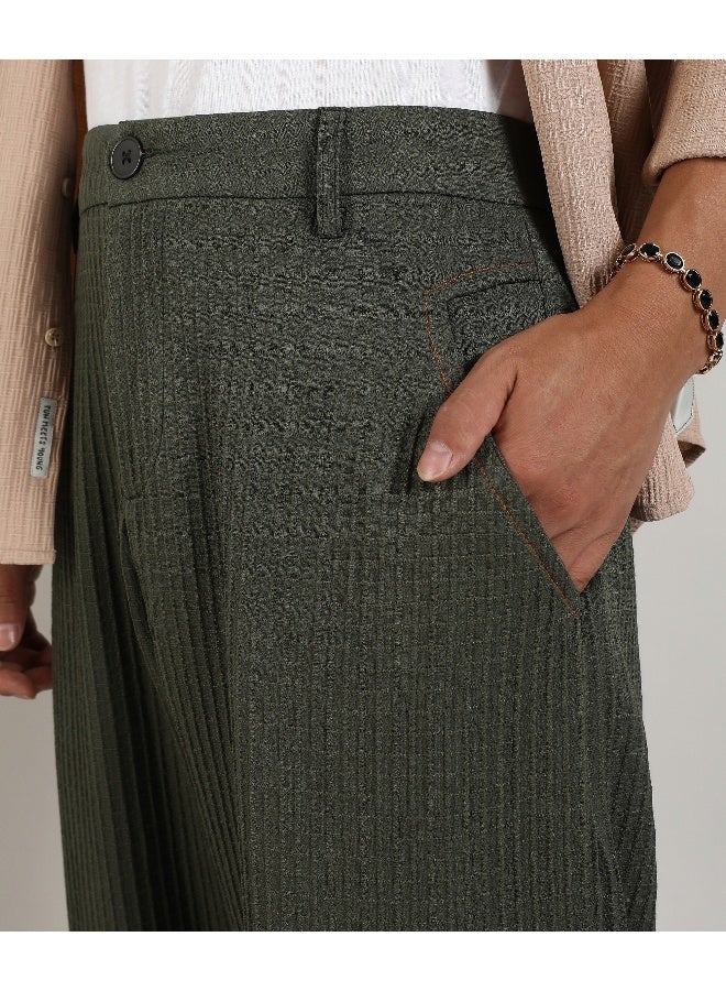 Men's Army Green Textured Graph Check Trousers