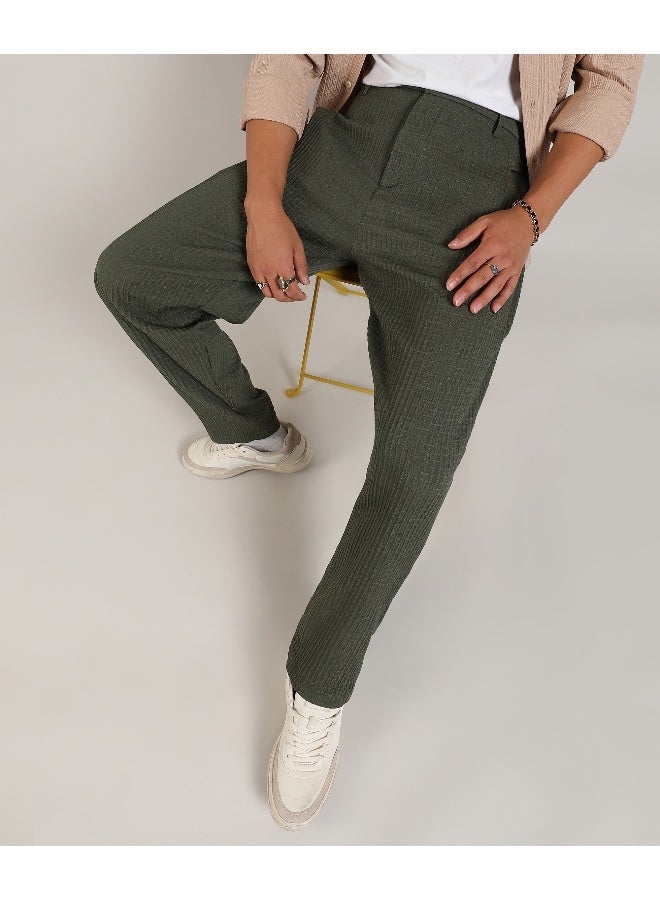 Men's Army Green Textured Graph Check Trousers