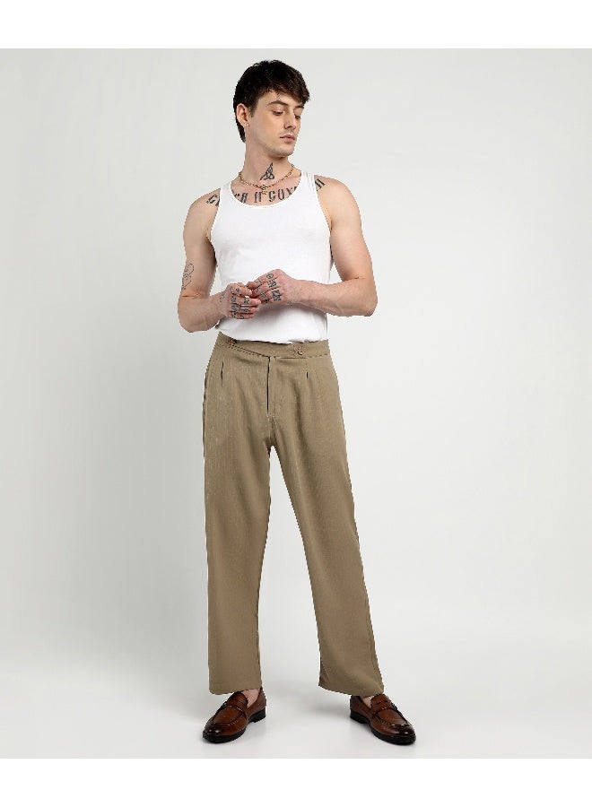 Men's Khaki Brown Tailored Linen-Blend Trousers