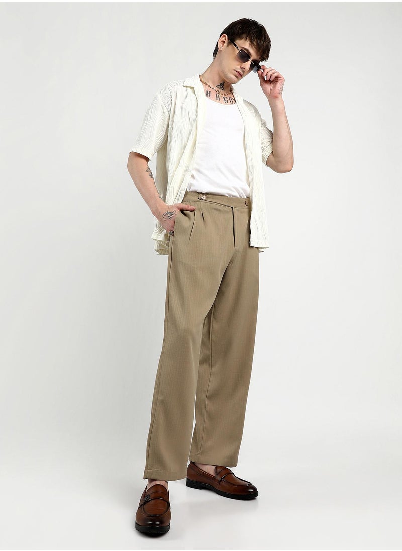 Men's Khaki Brown Tailored Linen-Blend Trousers